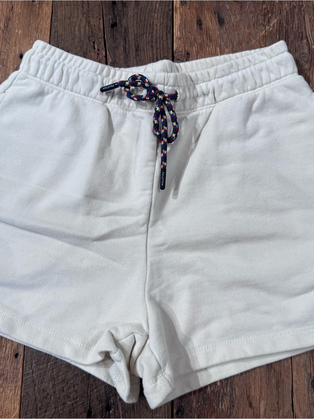 Peloton Cream Athletic Lounge Shorts with Multicolor Drawstring